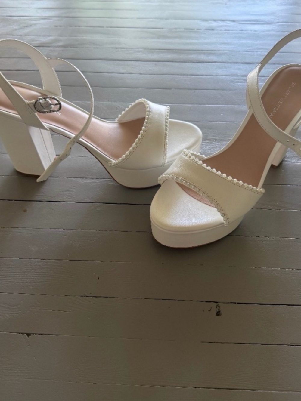 Stuart Weitzman Ivory Platform Block Heel Sandals with Ankle Strap